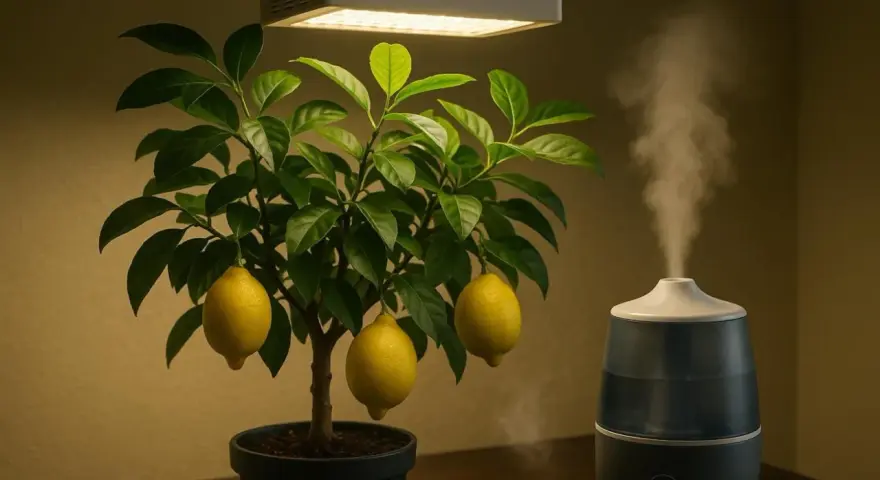 Un citronnier en pot, éclairé par une lampe de croissance, avec des citrons mûrs. Un humidificateur diffuse de la vapeur, créant une ambiance propice pour savoir comment polliniser un citronnier.