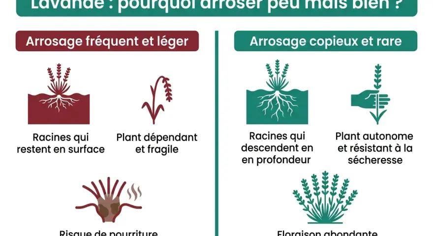 Faut-il arroser la lavande ? L'image compare l'arrosage fréquent et léger (racines superficielles, plante fragile) à l'arrosage copieux et rare (racines profondes, plante résistante).