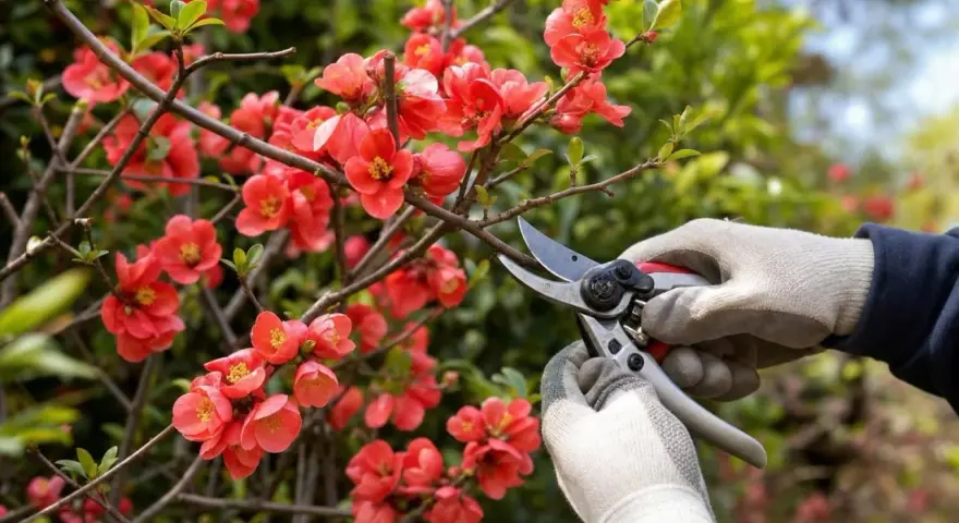 Mains gantées taillant un cognassier du Japon en fleurs, préparant la plante pour la saison.