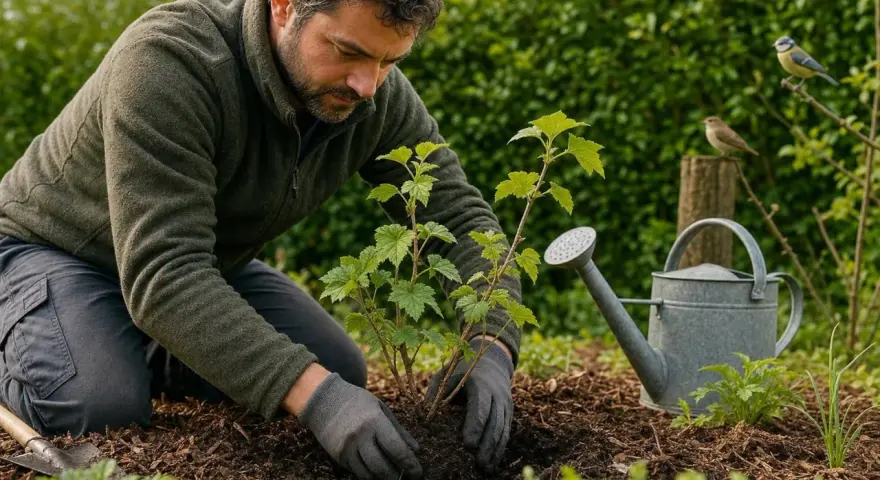 Un jardinier plante un jeune arbuste de cassis fruit rouge. Une arrosoir et des oiseaux observent.