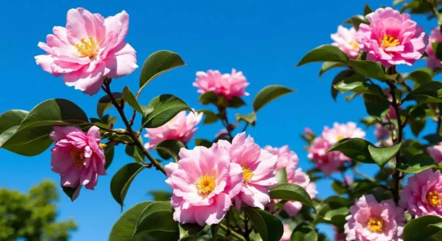 Des fleurs de camélia roses épanouies sous un ciel bleu vif. La **taille camélia** a permis à ces magnifiques fleurs de s'épanouir.