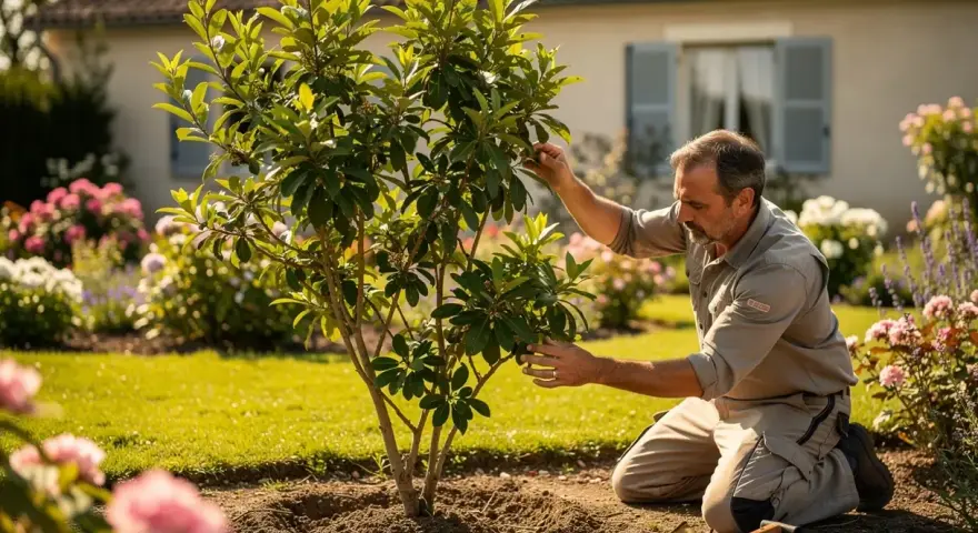 Un jardinier examine son lilas des Indes qui ne fleurit pas, espérant comprendre pourquoi.