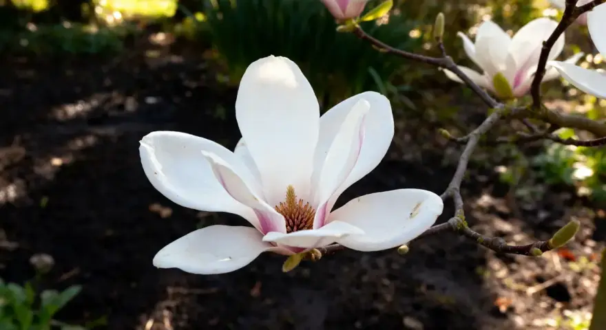 Magnolia blanche en gros plan, parfaite pour apprendre comment tailler un magnolia. Le soleil éclaire ses pétales délicats.