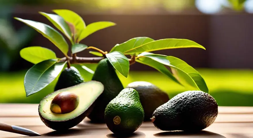 Avocats frais sur une table en bois, sous des feuilles vertes. Un avocat est coupé en deux, révélant son noyau. Un bon engrais avocatier assure une telle récolte.