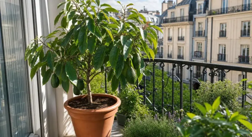 Un jeune arbre avocat, chargé de fruits verts, prospère sur un balcon parisien, offrant une touche de verdure luxuriante.