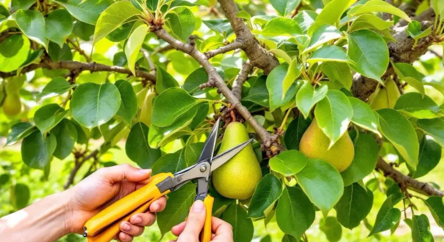Mains tenant des ciseaux jaunes pour apprendre comment tailler un poirier, près de poires mûres sur une branche feuillue.