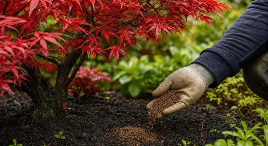 Main d'un jardinier appliquant de l'engrais pour érable du Japon, dont les feuilles rouges brillent sous la pluie.