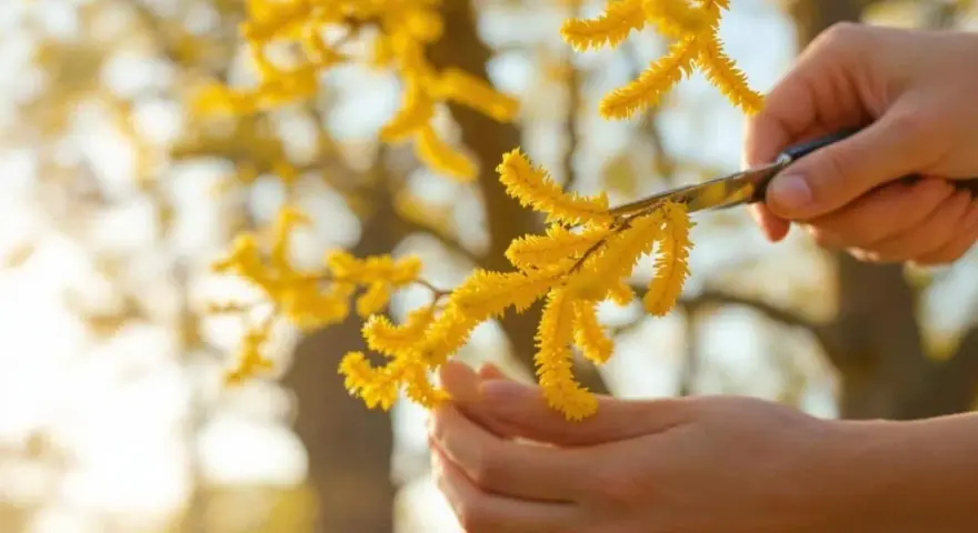 Des mains coupent une bouture de mimosa, ses grappes jaunes éclatantes baignées de soleil.