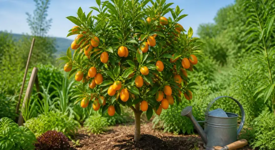 Arbre de kumquat chargé de fruits, prêt pour l'entretien. Arrosoir et pelle à proximité, suggérant le soin nécessaire.