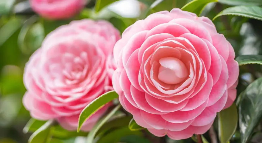 Deux camélias japonais roses éclosent, leurs pétales délicats formant des spirales parfaites.