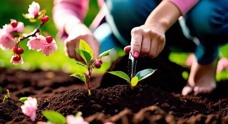 Des jeunes pousses plantées près de fleurs roses et de quelques cerises rouges.