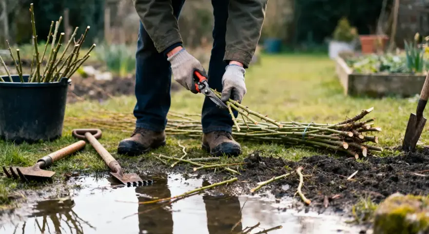 Un jardinier taille des branches pour savoir quand tailler un saule crevette. Des outils de jardinage sont à proximité.