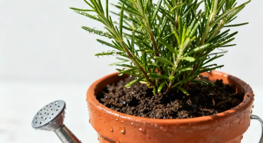 Un petit arrosoir argenté près d'un pot en terre cuite contenant un romarin frais, prêt pour son arrosage.