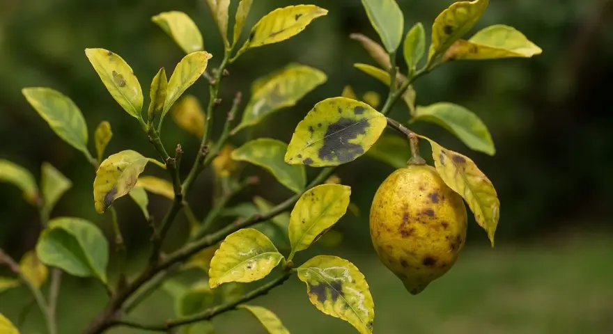 Un citronnier trop arrosé montre des feuilles jaunies et tachées de noir, avec un fruit unique sur la branche.
