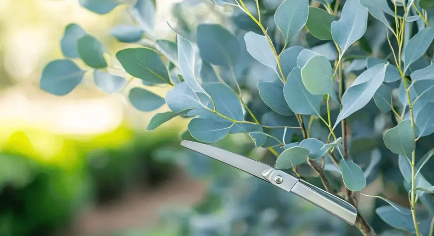 Ciseaux argentés prêts pour la taille eucalyptus. Les feuilles bleutées et le soleil créent une ambiance douce.