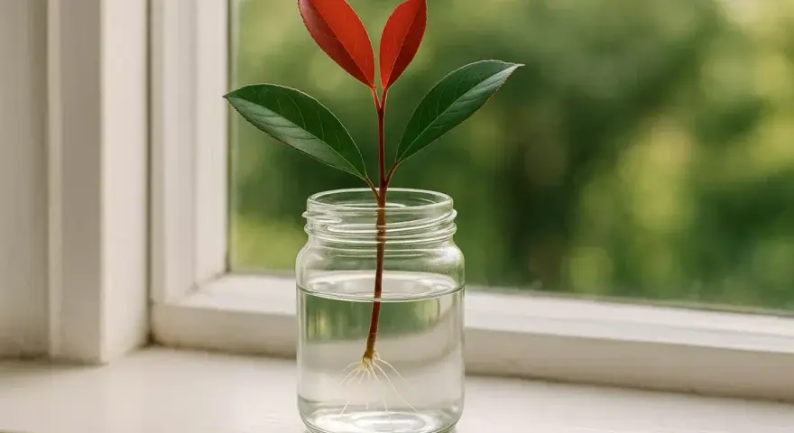 Une bouture de photinia aux feuilles rouges et vertes, avec de fines racines, dans un bocal d'eau sur un rebord de fenêtre.