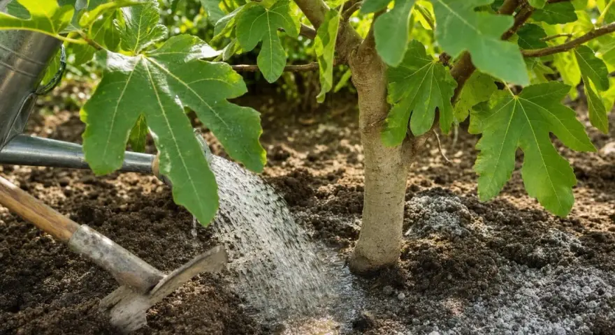 Arrosage d'un jeune figuier avec un engrais naturel pour figuier, à l'aide d'un arrosoir et d'une houe.