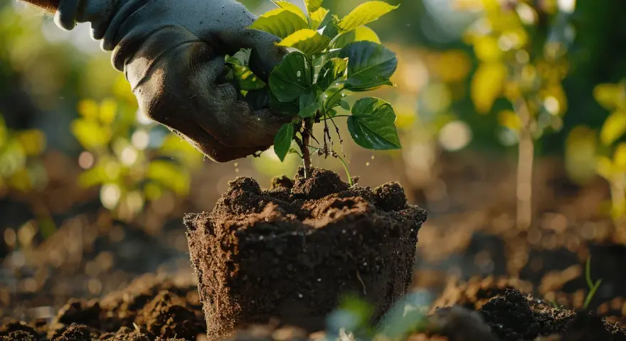 Main d'un jardinier plantant une bouture de cerisier dans la terre.