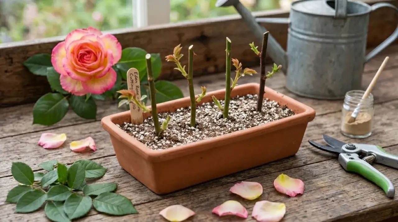 Boutures de rosier en terre, prêtes à prendre racine. Une belle rose rose et jaune à côté, des pétales tombés et des outils de jardinage.