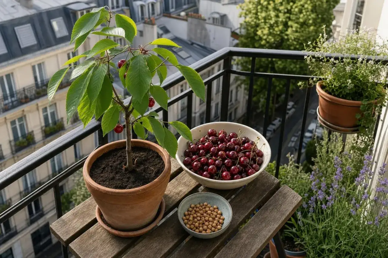 Un jeune cerisier en pot sur un balcon parisien, avec des cerises fraîches et des noyaux prêts à germer.