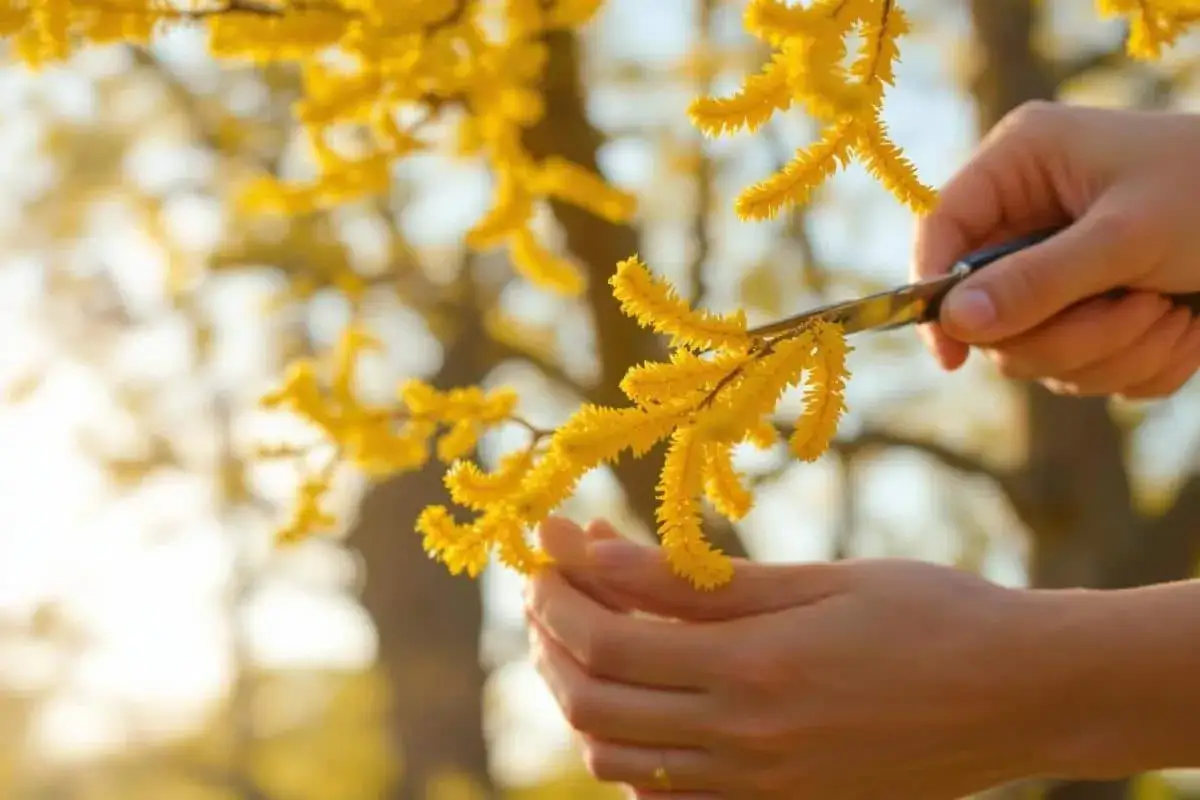 Des mains coupent une bouture de mimosa, ses grappes jaunes éclatantes baignées de soleil.