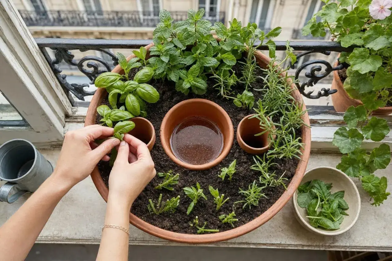 Mains plantant des boutures de romarin dans un grand pot sur un balcon, avec du basilic et de la menthe.