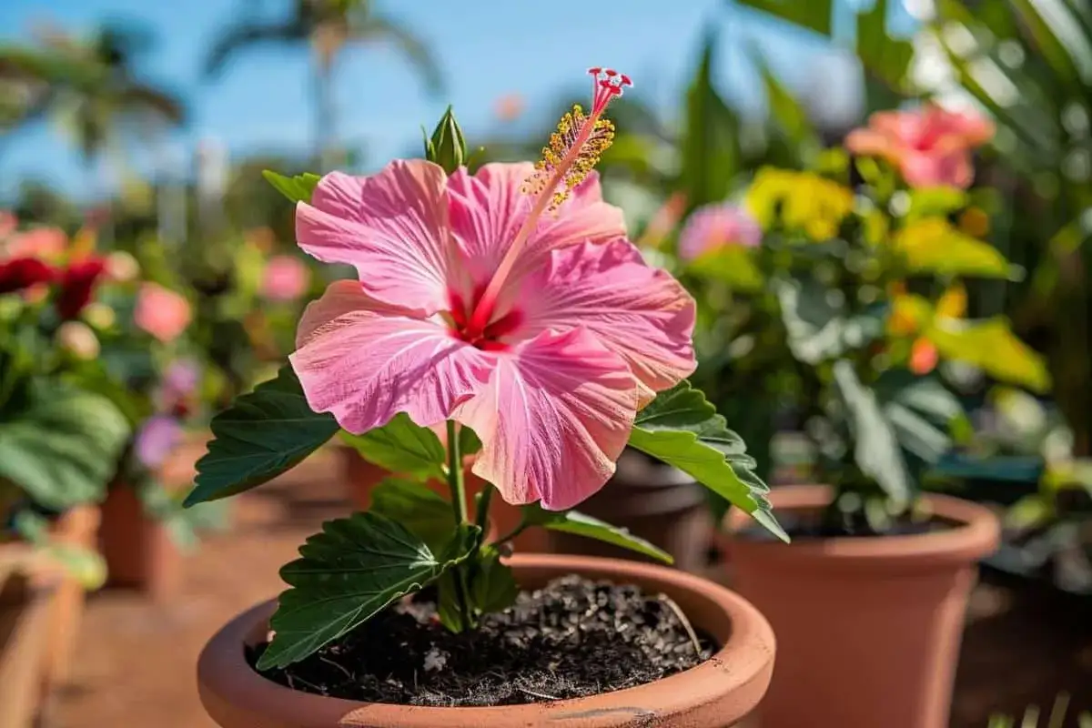Une belle bouture d'hibiscus rose s'&eacute;panouit dans un pot en terre cuite, entour&eacute;e d'autres fleurs tropicales sous un ciel bleu.