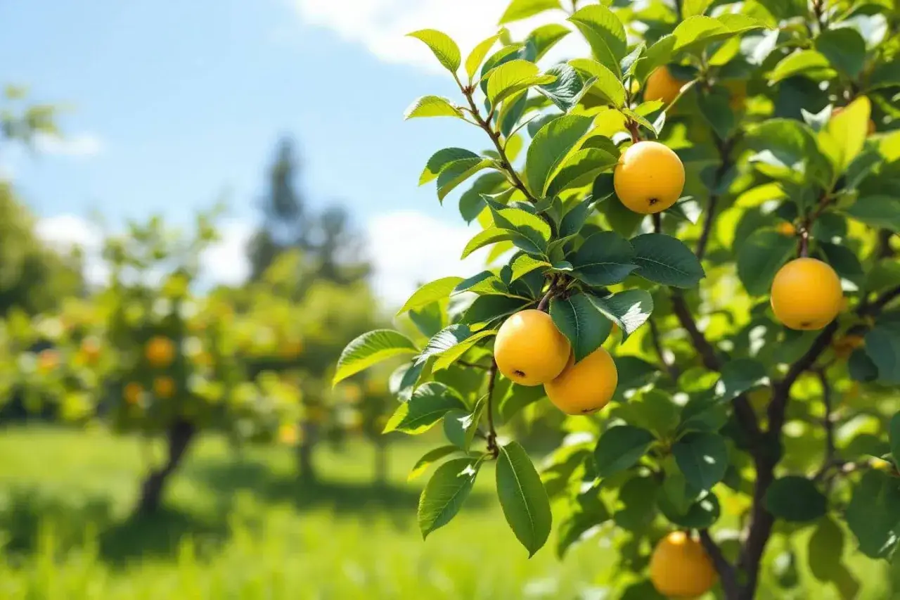 Rameau d'un arbre portant plusieurs fruits coings jaunes, mûrs et brillants, sous un ciel bleu clair.