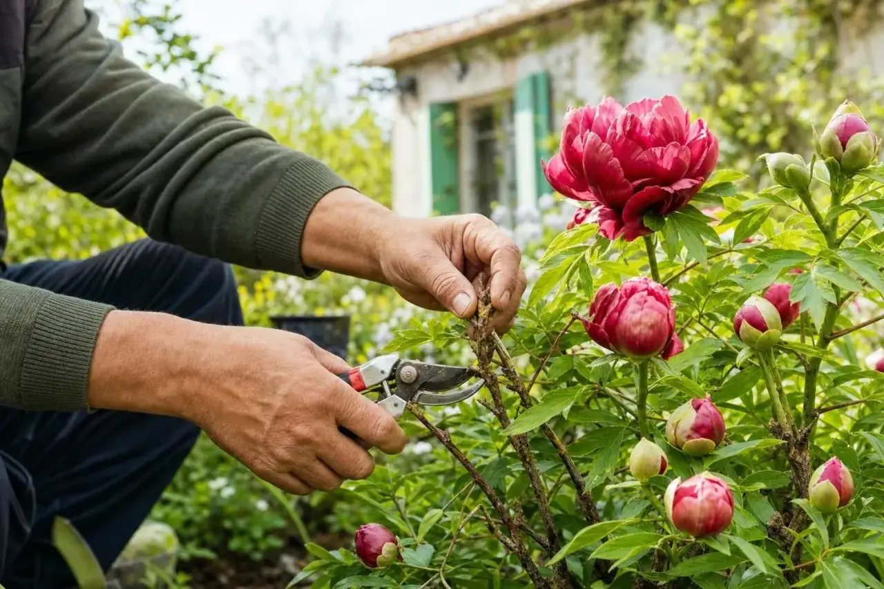 Un jardinier effectue la taille d'une pivoine arbustive, préparant la plante pour une floraison éclatante.