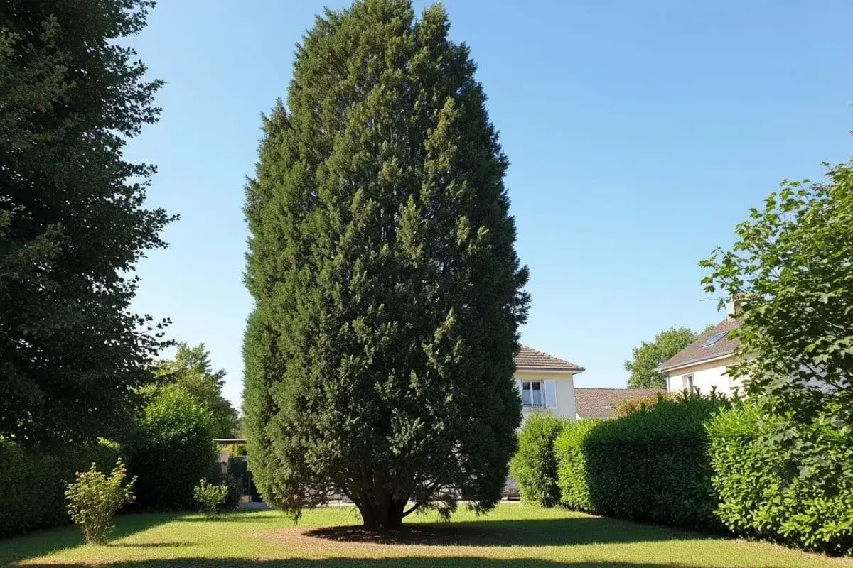 Un grand cypr&egrave;s domine un jardin verdoyant. Ses inconv&eacute;nients : il peut devenir envahissant et ombrager le voisinage.