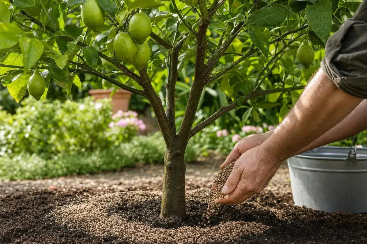 Des mains saupoudrent de l'engrais citronnier autour d'un jeune arbre portant des citrons verts.