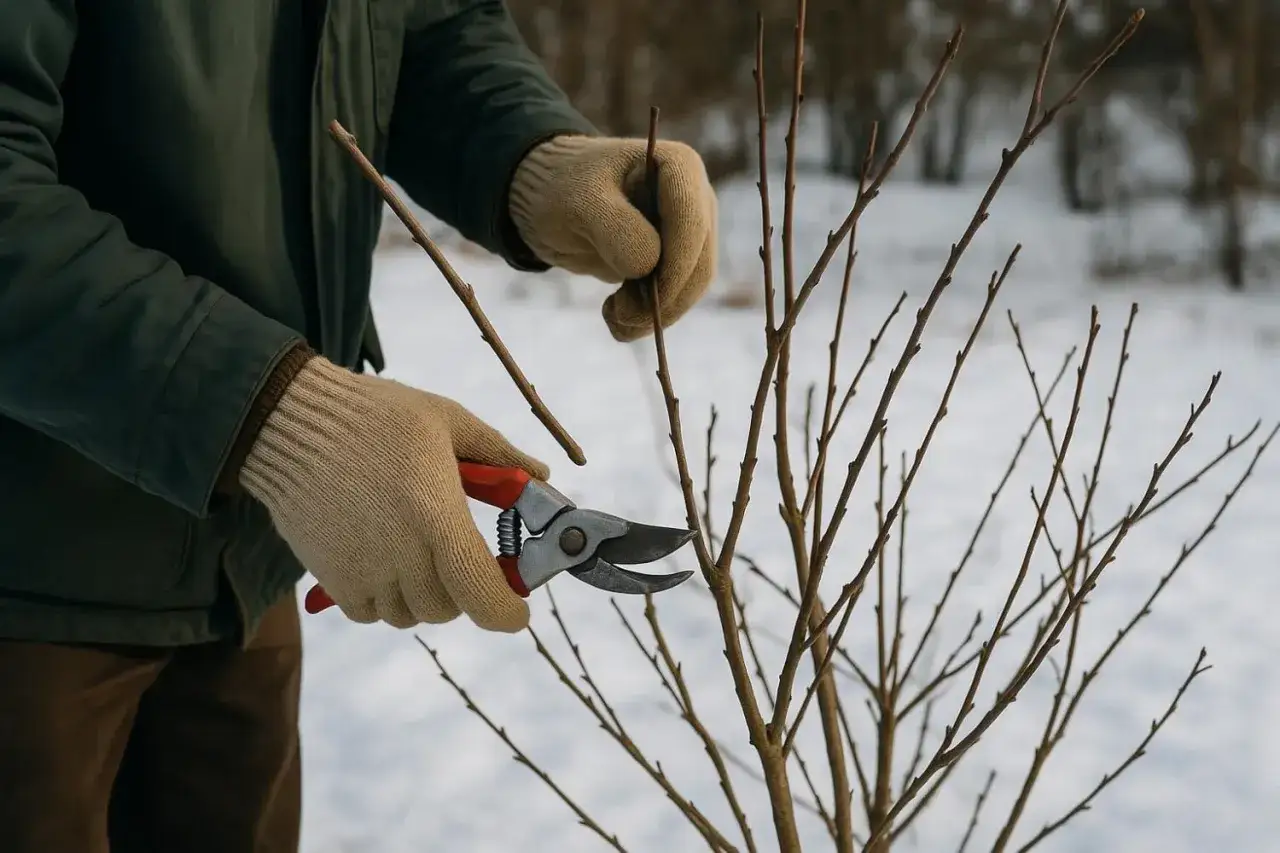 Gants beiges, s&eacute;cateur rouge et une branche fine pour une bouture de myrtille.