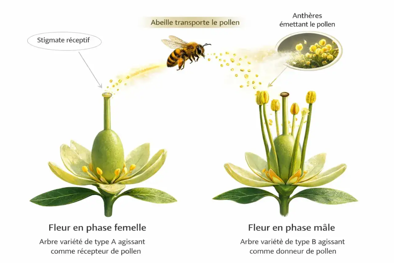 Illustration de la pollinisation d'une fleur d'avocatier par une abeille. La fleur femelle a un stigmate r&eacute;ceptif, la fleur m&acirc;le lib&egrave;re du pollen.