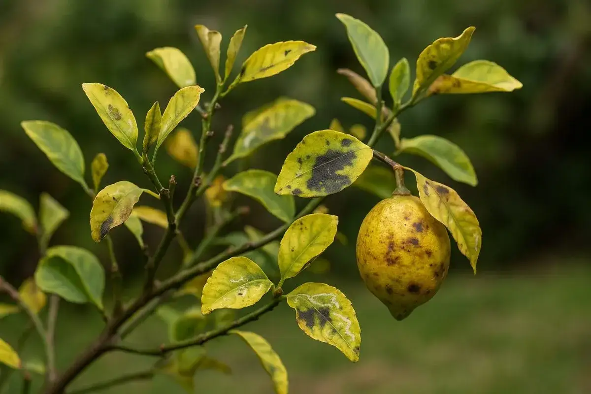 Un citronnier malade, ses feuilles du citronnier se recroquevillent et jaunissent, marqu&eacute;es de taches noires. Un fruit p&acirc;le pend tristement.