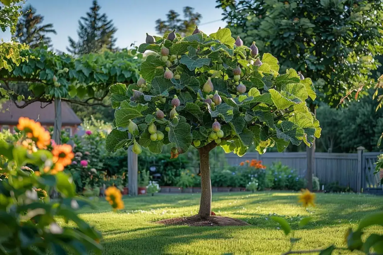 Un figuier adulte, chargé de fruits verts et violets, trône dans un jardin ensoleillé. Des fleurs colorées bordent la pelouse.