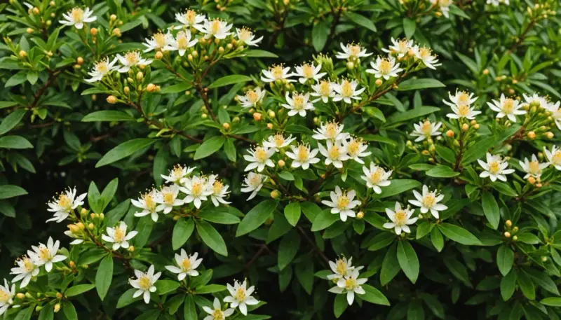 Fleurs blanches délicates sur un feuillage vert dense. Quelle terre pour oranger du Mexique ? Un sol bien drainé et riche.